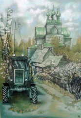 Старый трактор в селе Нелазском. Бумага ,пастель,линер