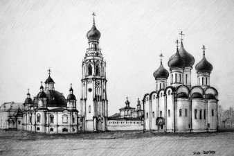 Ансамбль: Софийский собор (1568-1570), Воскресенский собор (1772-1776) и колокольня (1654-1659, 1869-1870). Вологда. Рисунок по современному фото. Фото vk.com/khanovao Ансамбль: Софийский собор (1568-1570), Воскресенский собор (1772-1776) и колокольня (1654-1659, 1869-1870). Вологда. Рисунок по современному фото. Фото vk.com/khanovao