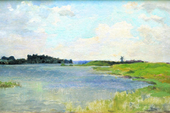 Хрусталёва С. И. Пейзаж с мельницей. 1952. Картон, масло. Изображение с сайта lunin-gallery.ru