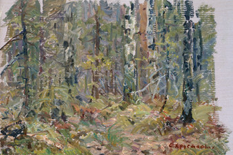 Хрусталёва С. И. В лесу. Картон, масло. Изображение с сайта lunin-gallery.ru