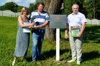 Владельцы усадьбы Хвалевское Вера и Юрий Войцеховские и глава Бабаевского района Юрий Парфёнов на открытии таблички у старинного дуба, внесенного в реестр деревьев – памятников федерального значения