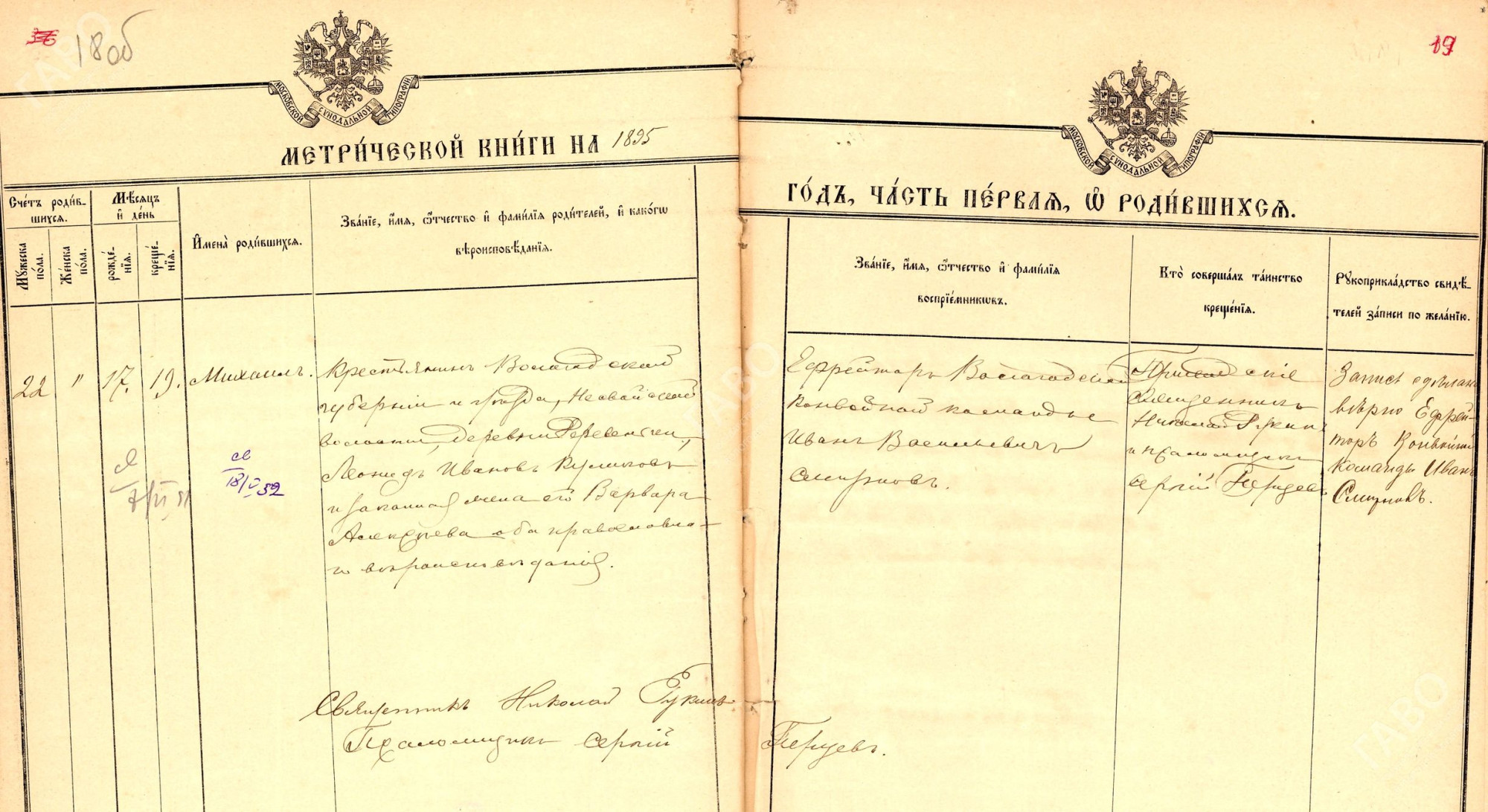 Актовая запись о рождении М.Л. Куликова в метрической книге Покровской Козленской церкви г. Вологды. 1895 г. ГАВО. Ф. 496. Оп. 23. Д. 10. Л. 18 об.-19
