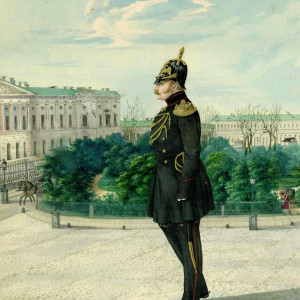 Боборыкин Петр Алексеевич (Художник) Рисунок. Великий князь Михаил Павлович на прогулке. Из альбома художника П.А. Боборыкина с карандашными и акварельными рисунками, изображающими местных помещиков, помещиц, дворовых людей, батальные сцены. Период создания:1854 г. Материал, техника: бумага, акварель, карандаш. Размер:34,2 х 25,5 см. Номер по КП (ГИК):ВОКМ-2865/3