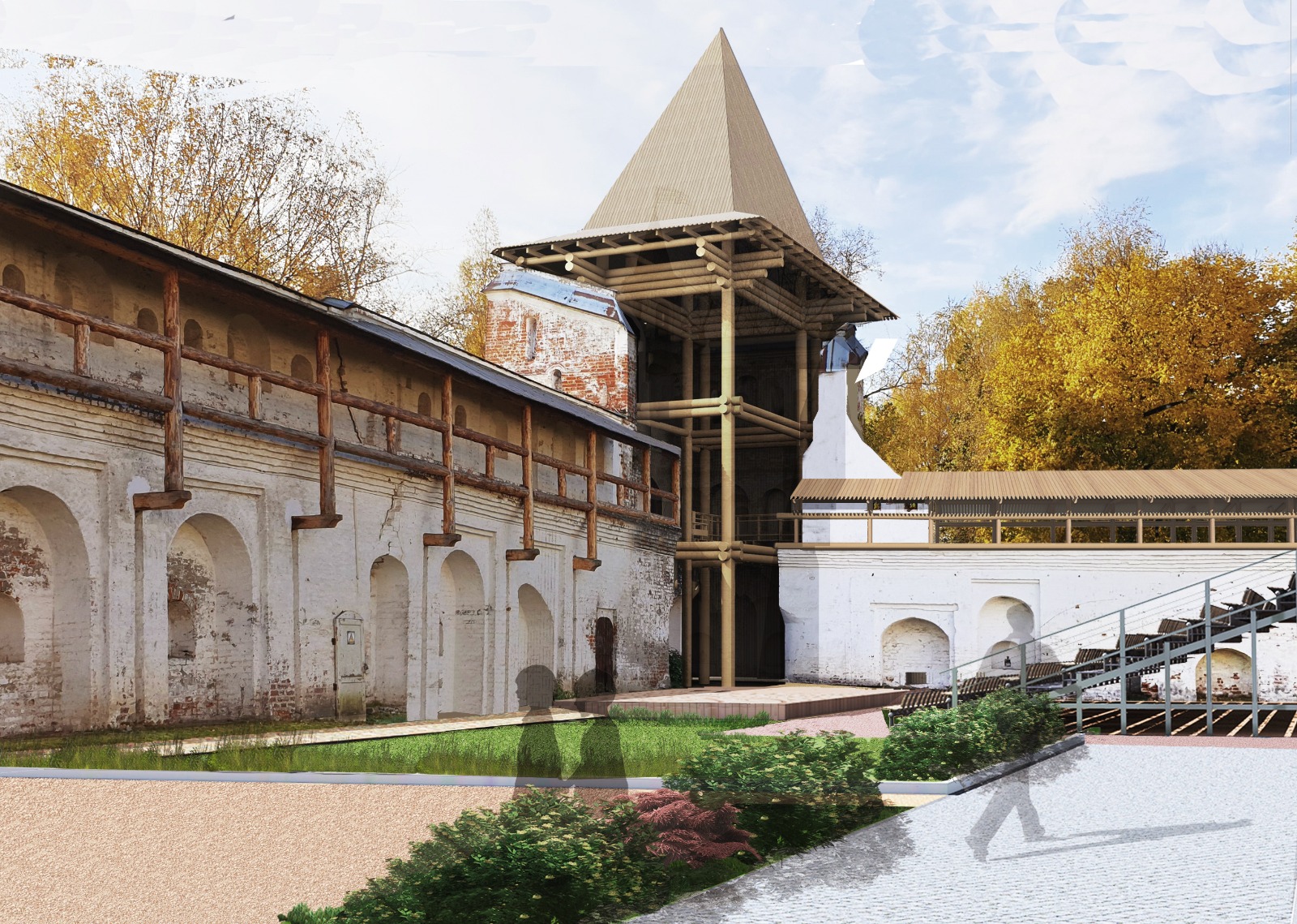 Авторы проекта реставрации предлагают установить деревянное консервационное укрытие в виде башни XVII века, которое бы защитило объект от дождя и снега. Это может быть сделано в рамках благоустройства.